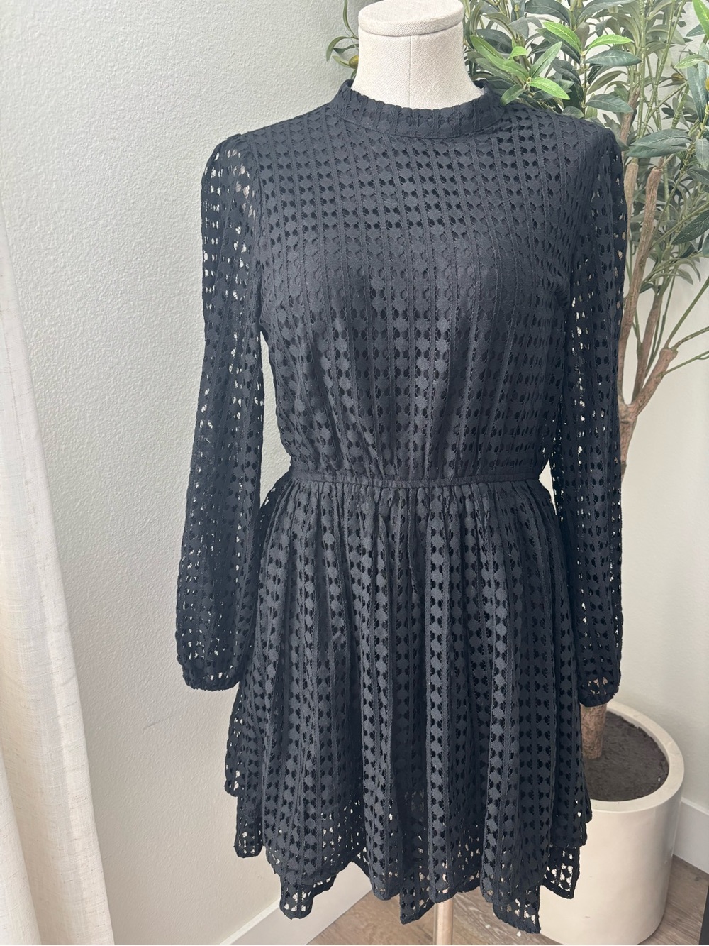 Nectar Clothing  Black Long-Sleeve Eyelet Fit-and-Flare Dress